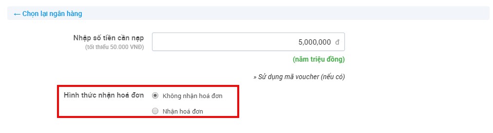 Chọn số tiền cần nạp